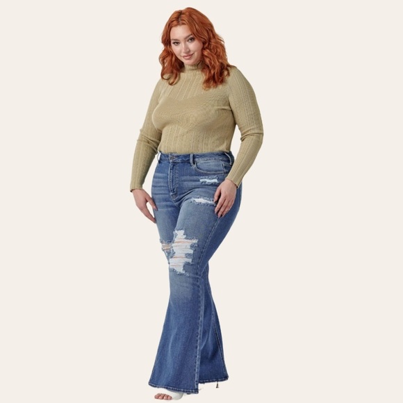 Super Slim Flare High Rise Distressed Plus Size 18 Jeans - Picture 2 of 4